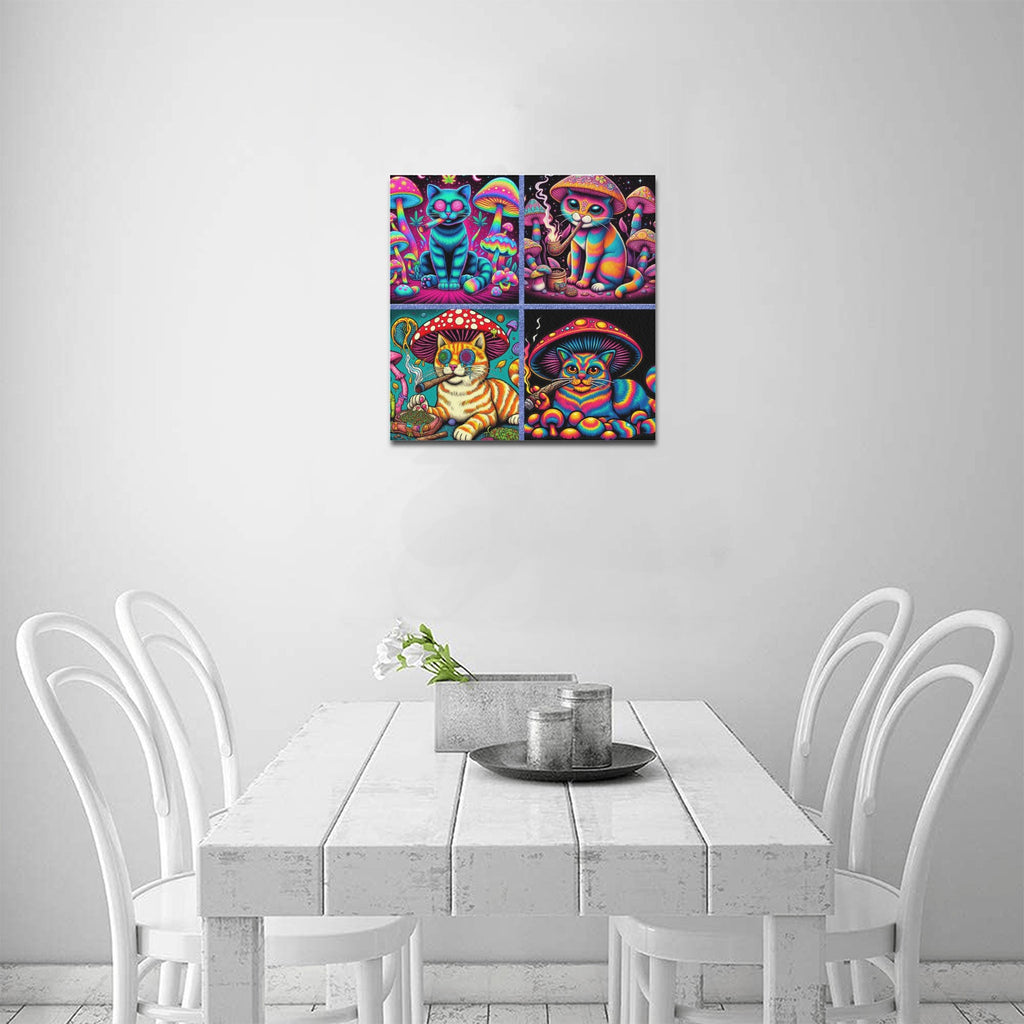 “4 Psychedelic Toking Cats” Frame Canvas Print 16x16 inch