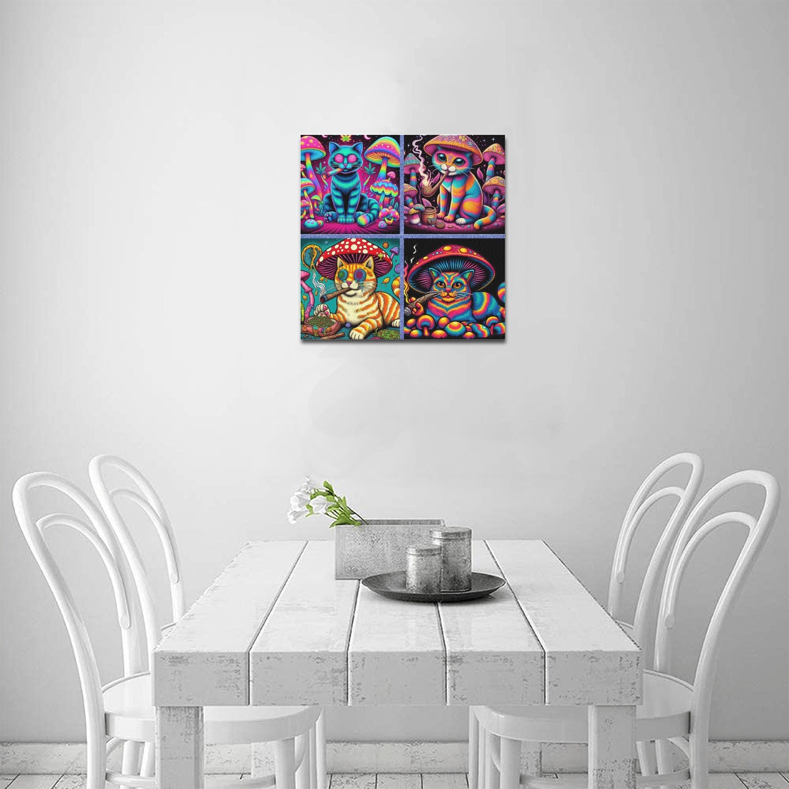 “4 Psychedelic Toking Cats” Frame Canvas Print 16x16 inch