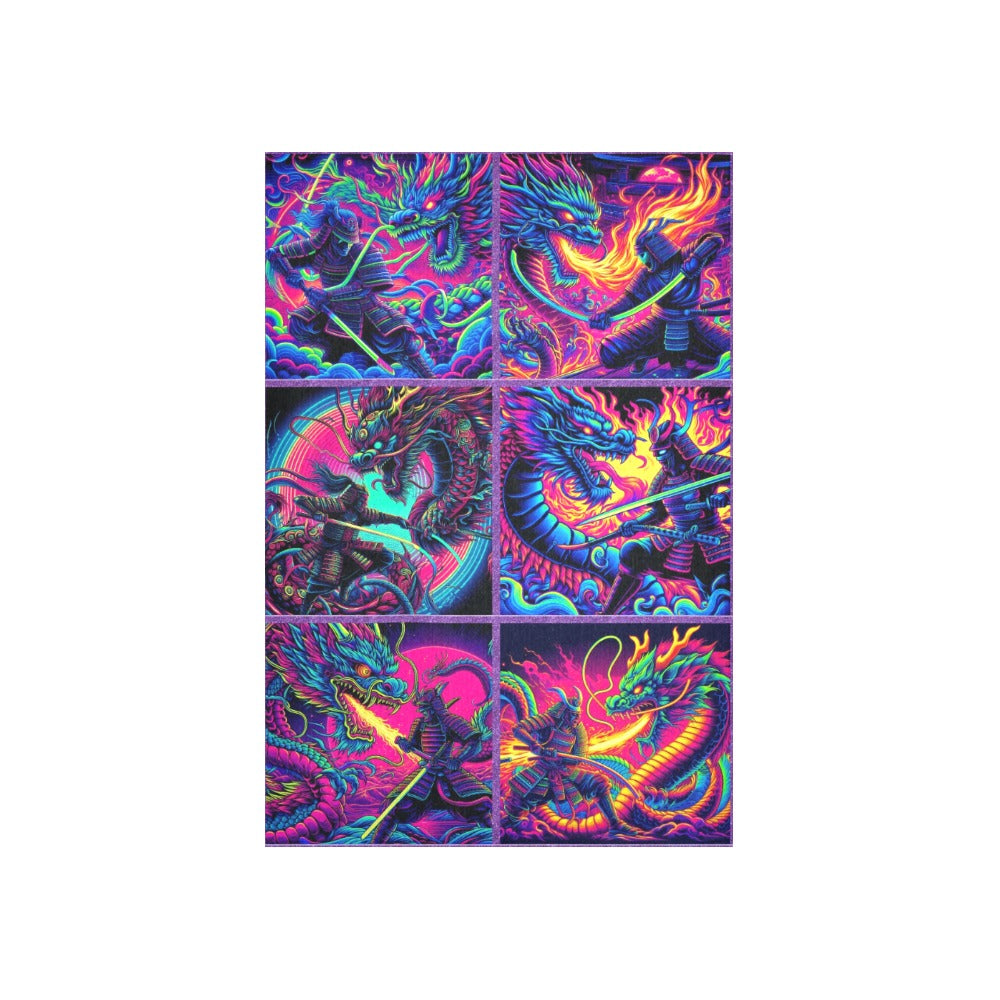 “Psychedelic Samurai Slaying Fire-Breathing Dragons” Wall Tapestry 40"x 60"