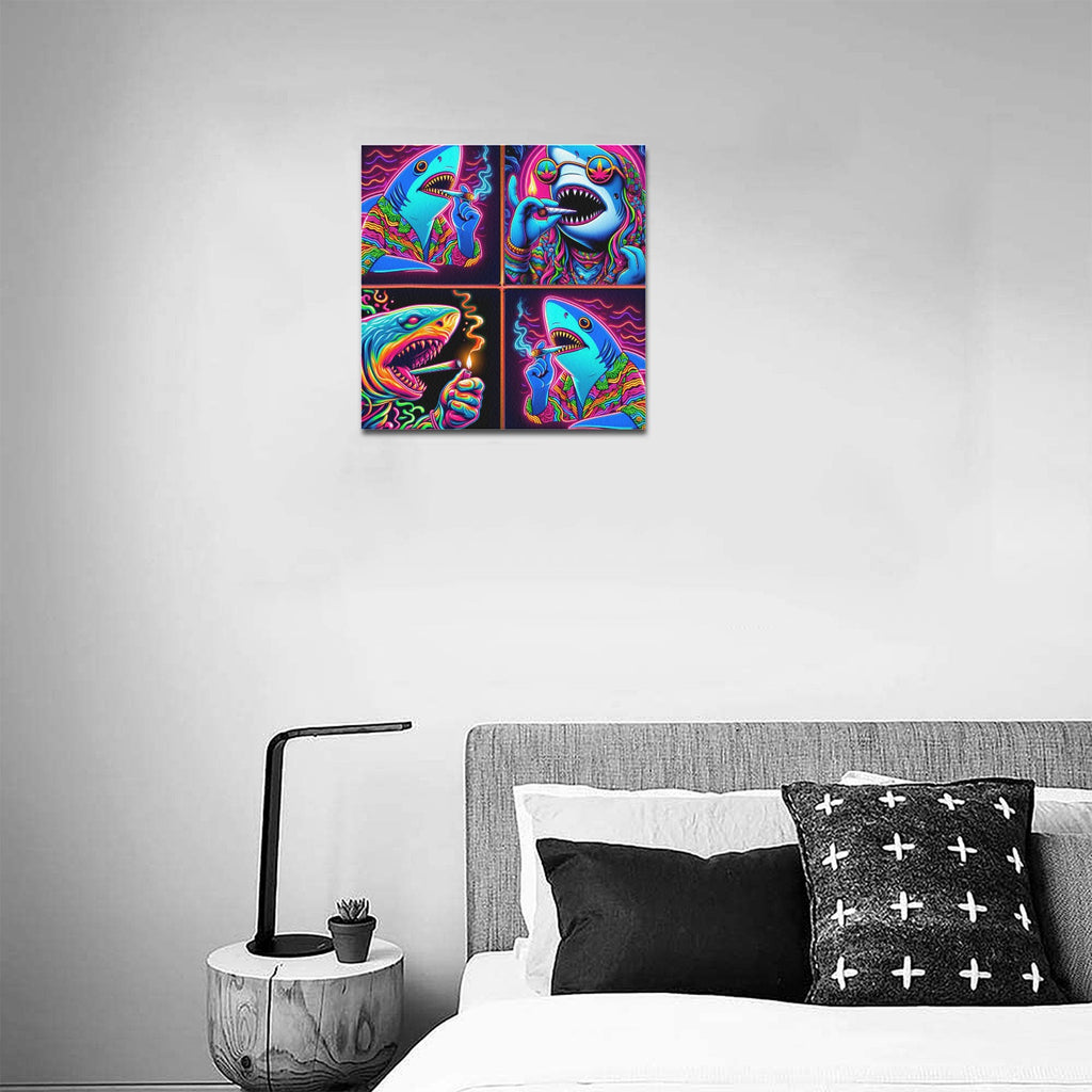 “4 Neon Psychedelic Toking Sharks” Frame Canvas Print 16x16 inch