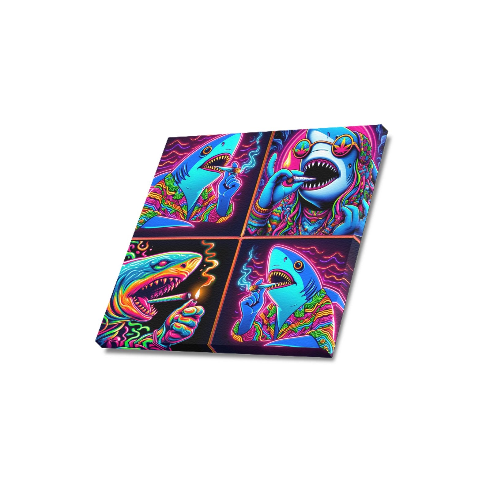 “4 Neon Psychedelic Toking Sharks” Frame Canvas Print 16x16 inch