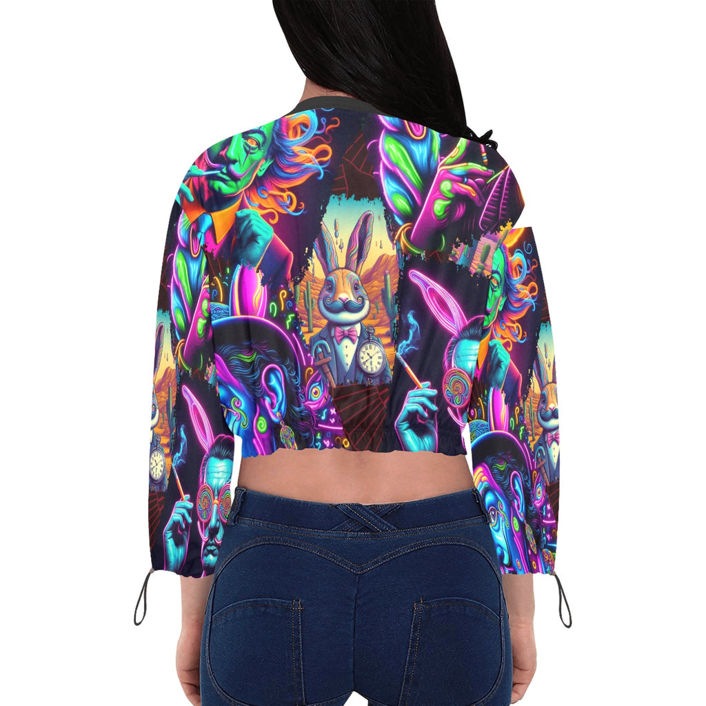 “Psychedelic Toking Salvadore Dali Rabbit Man” Women's Chiffon Long Sleeve Crop Top Jacket