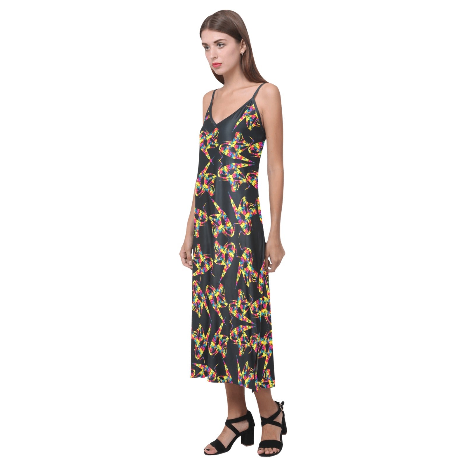 "Abstract Floral Twist on Black"  V-Neck Open Fork Long Dress