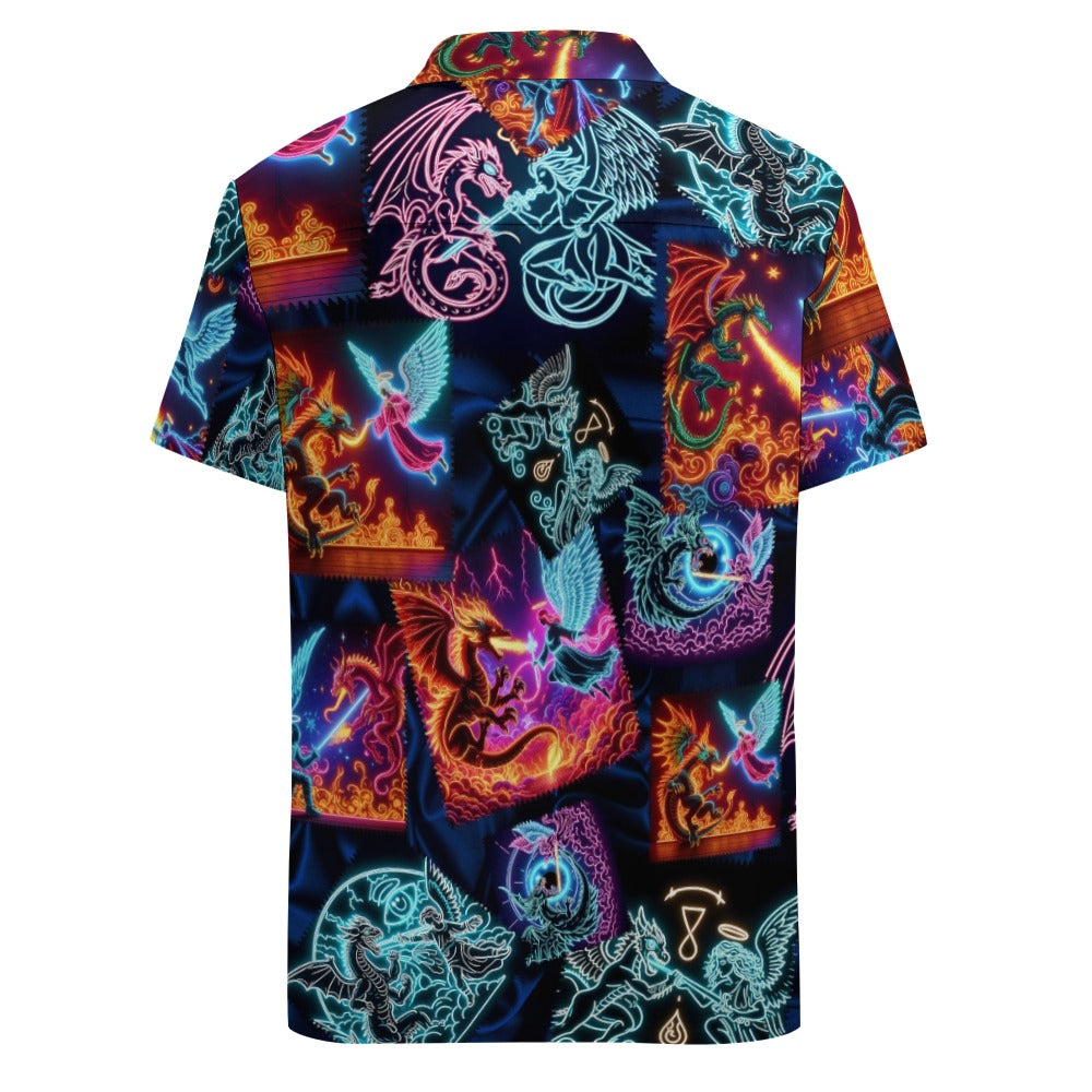 “Psychedelic Warrior Angels Fightiing Dragons” Men’s 100% Polyester Short Sleeve Lounge Shirt
