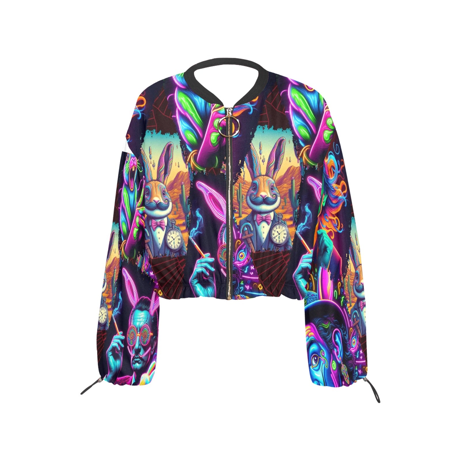 “Psychedelic Toking Salvadore Dali Rabbit Man” Women's Chiffon Long Sleeve Crop Top Jacket