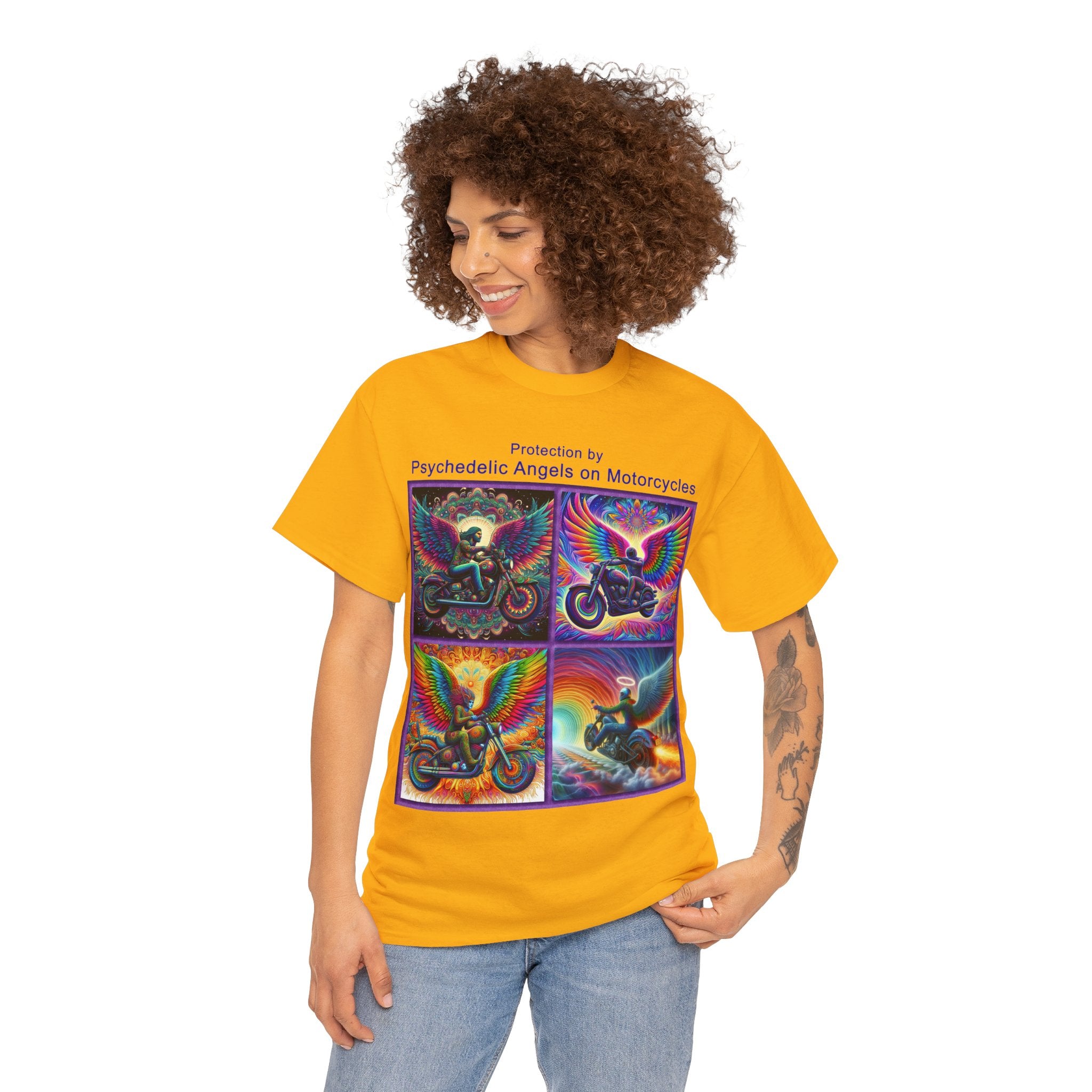 “Psychedelic Angels on Motorcycles” Heavy Cotton T-Shirt