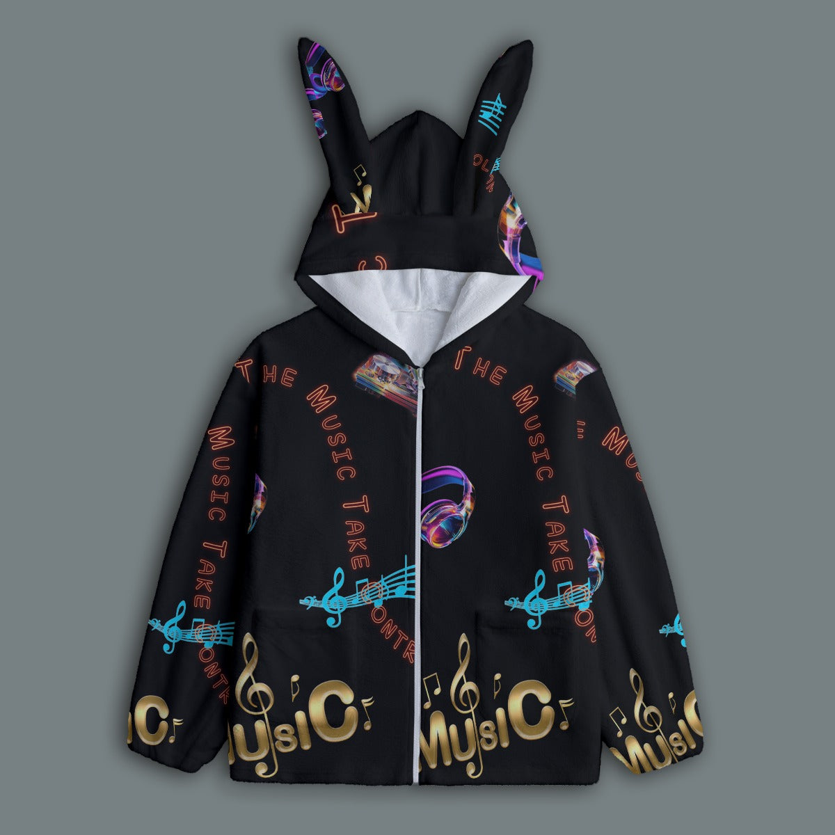 “Let the Music Take Control” Women's Plush Rave Bunny Ears Long Sleeve Top