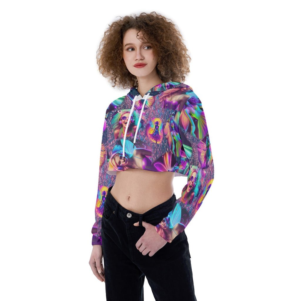 “Rave Fairies” Drop Shoulder Crop Top Hoodie