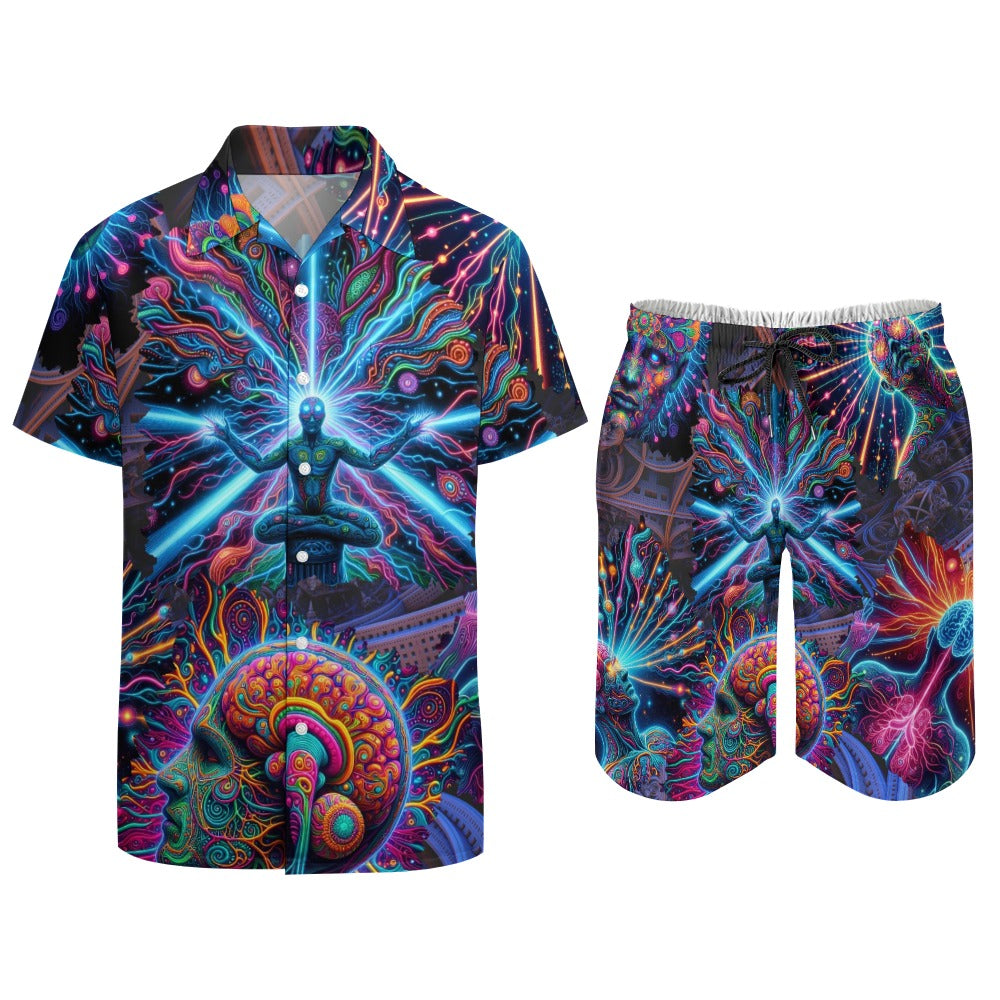 "Neon Neuron Men Connecting” Men’s Rave Outfit – Lounge Shirt and Beach Shorts