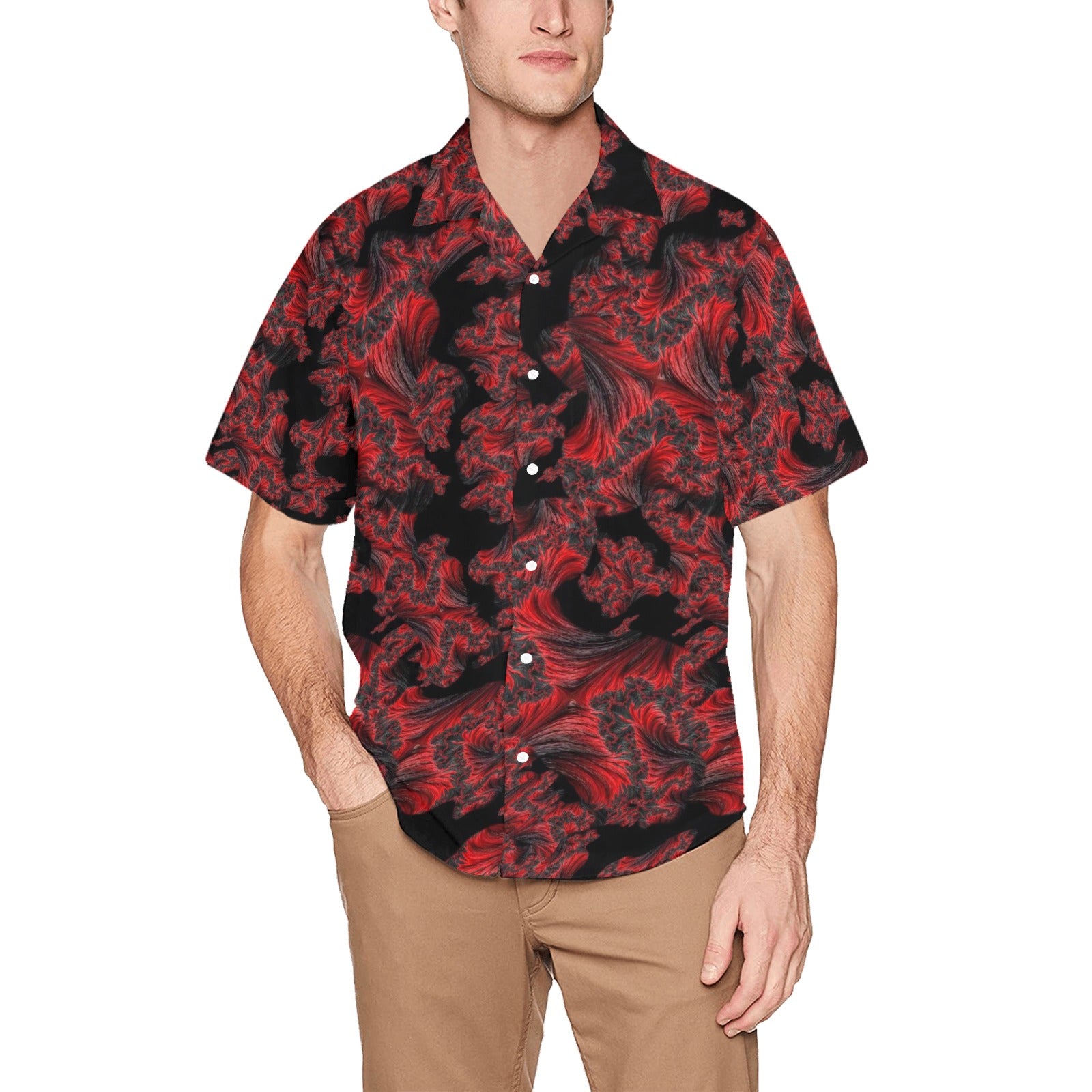 "Red Feathers in Black" Men's Designer Lounge Shirt With Pocket
