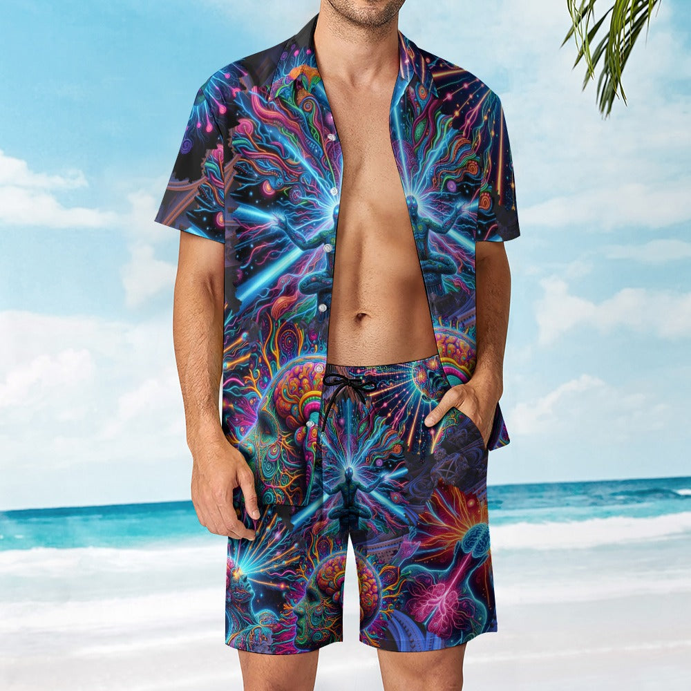 "Neon Neuron Men Connecting” Men’s Rave Outfit – Lounge Shirt and Beach Shorts