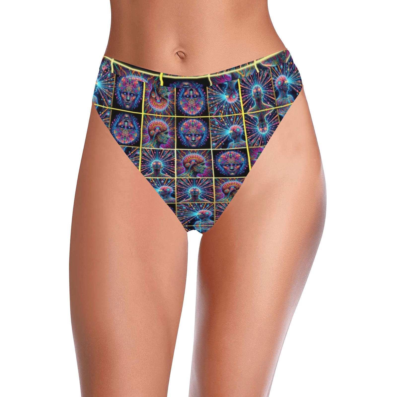 "Neon Neuron Men Emissions” High-Waisted High V-Cut Bikini Rave Bottom -  Sizes XS – 5XL