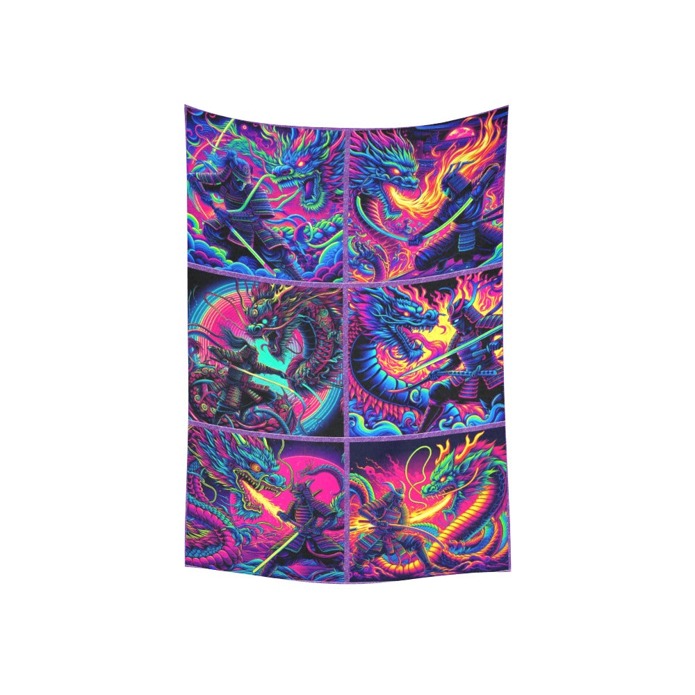 “Psychedelic Samurai Slaying Fire-Breathing Dragons” Wall Tapestry 40"x 60"