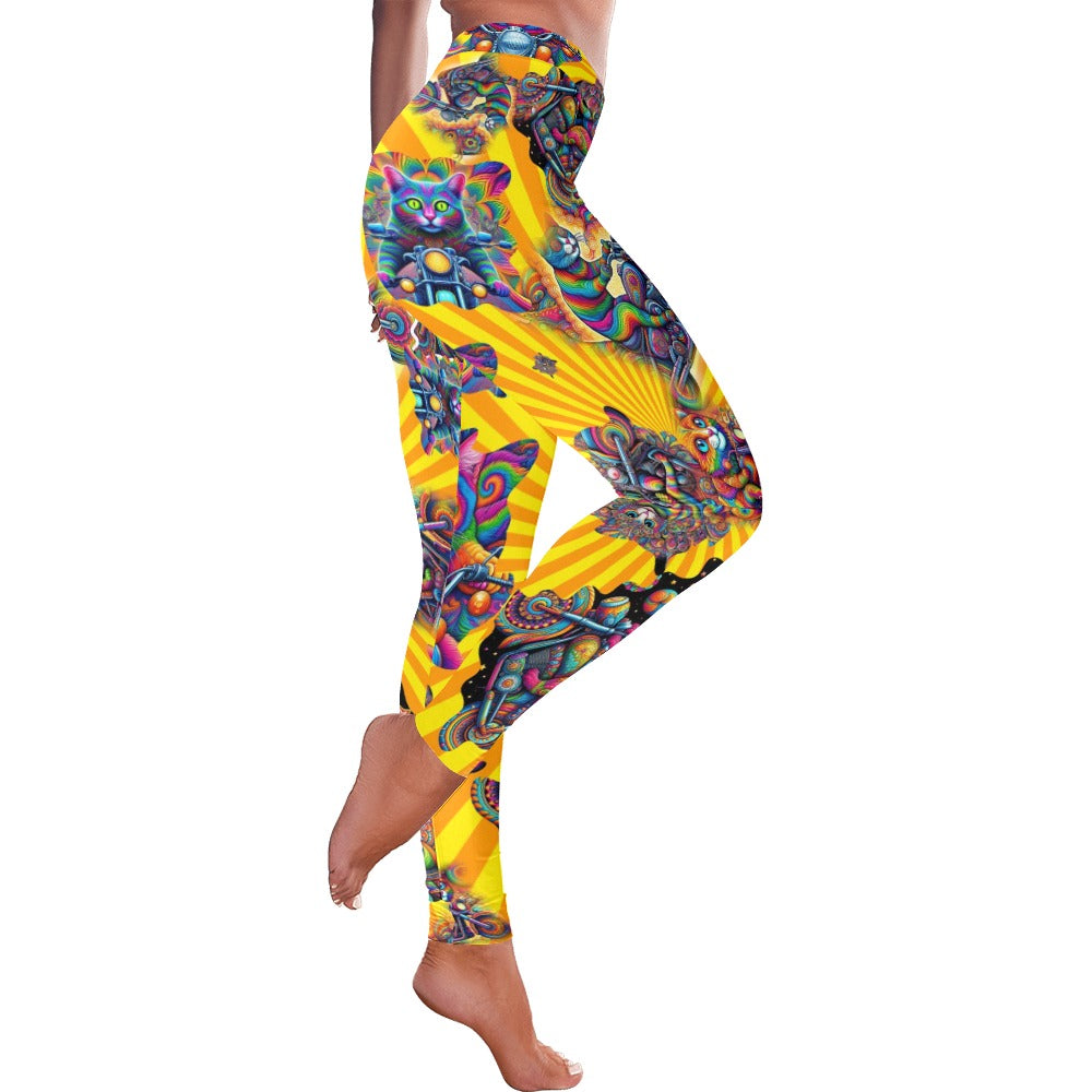 Psychedelic Cats on Motorcycles" Women’s Low Rise Leggings - Sizes 2XS – 5XL