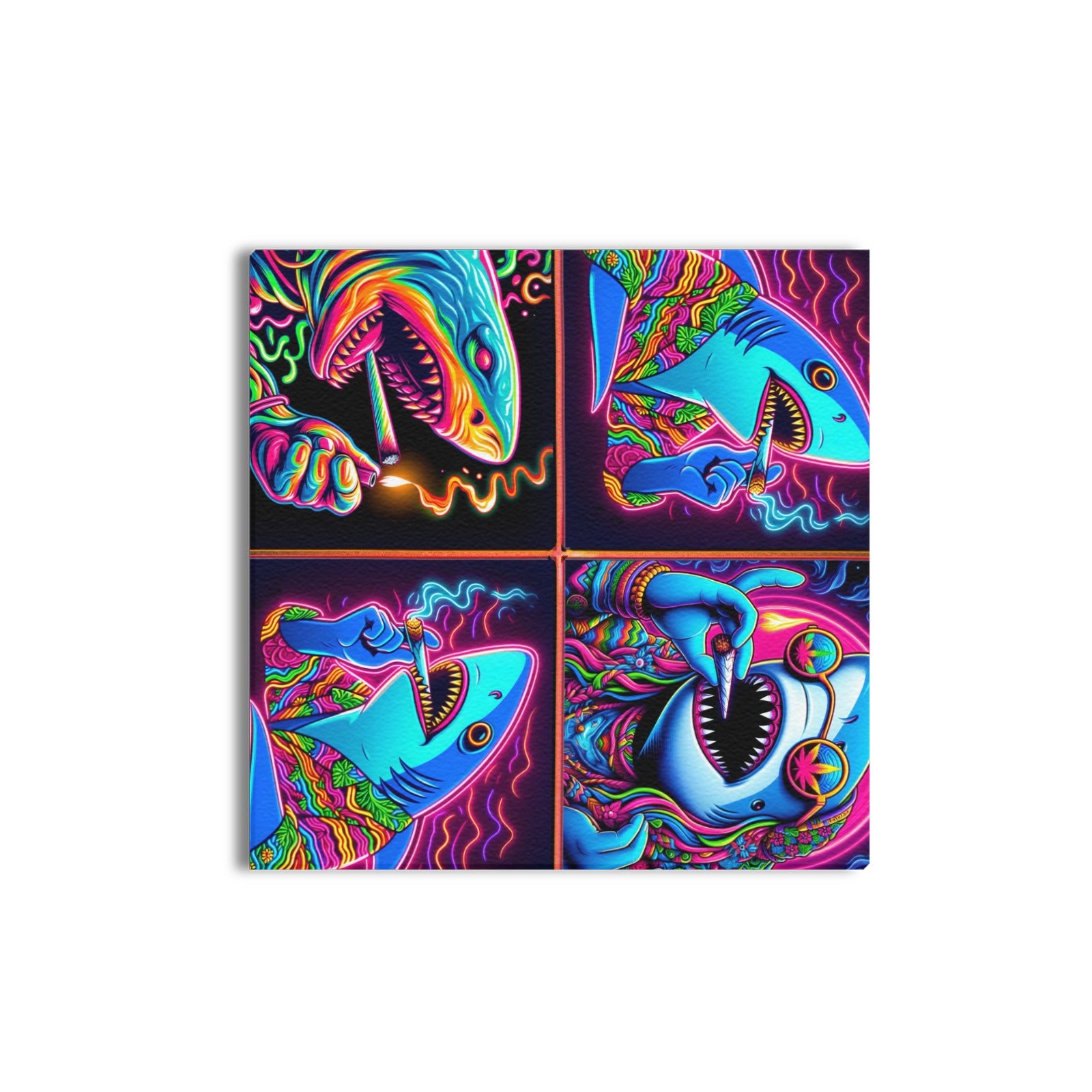 “4 Neon Psychedelic Toking Sharks” Frame Canvas Print 16x16 inch