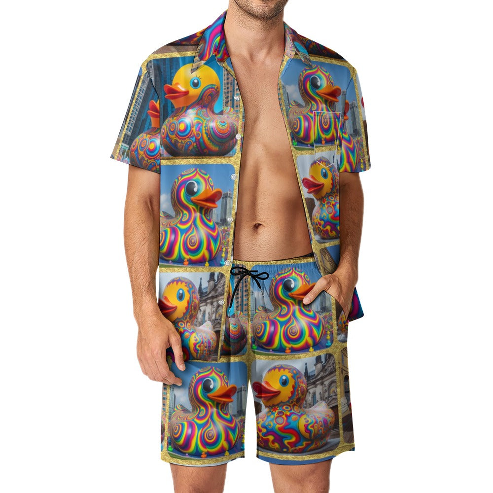 “Psychedelic Rubber Ducky” Men’s Rave Outfit – Lounge Shirt and Beach Shorts