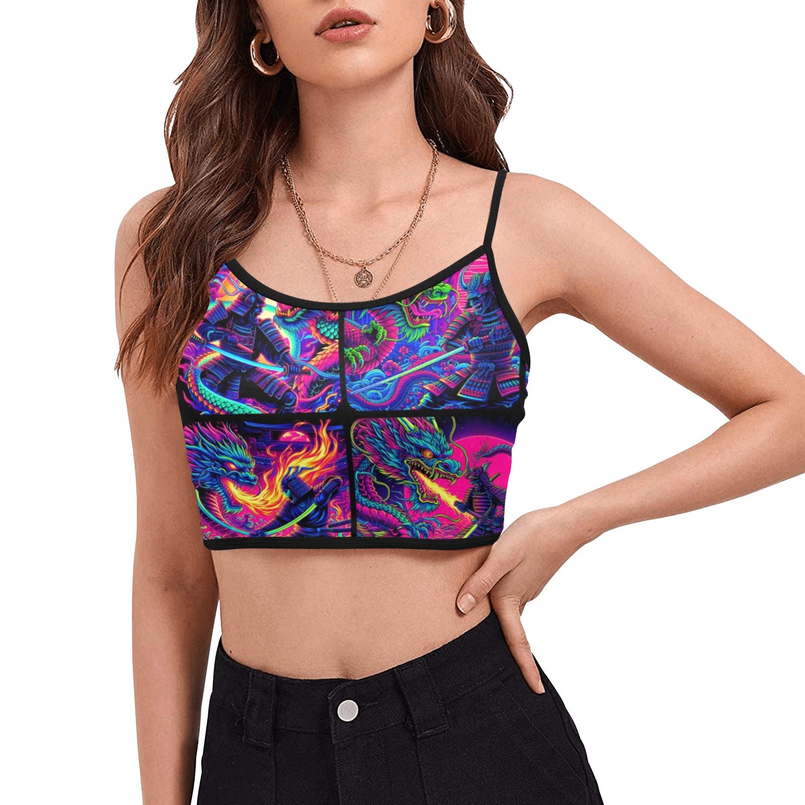 “Psychedelic Samurai Fighting Dragons” Sleeveless Spaghetti Strap Crop Top