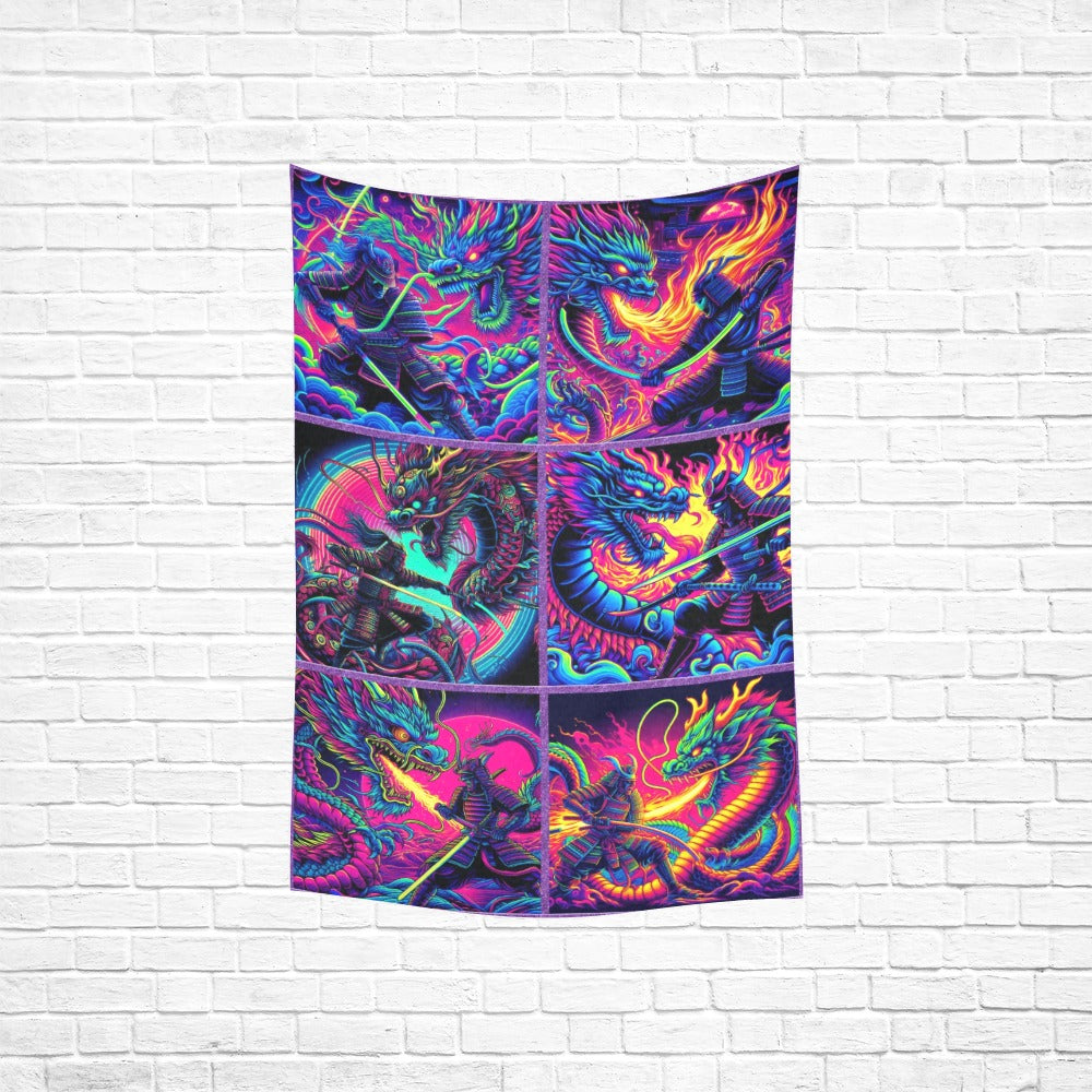 “Psychedelic Samurai Slaying Fire-Breathing Dragons” Wall Tapestry 40"x 60"