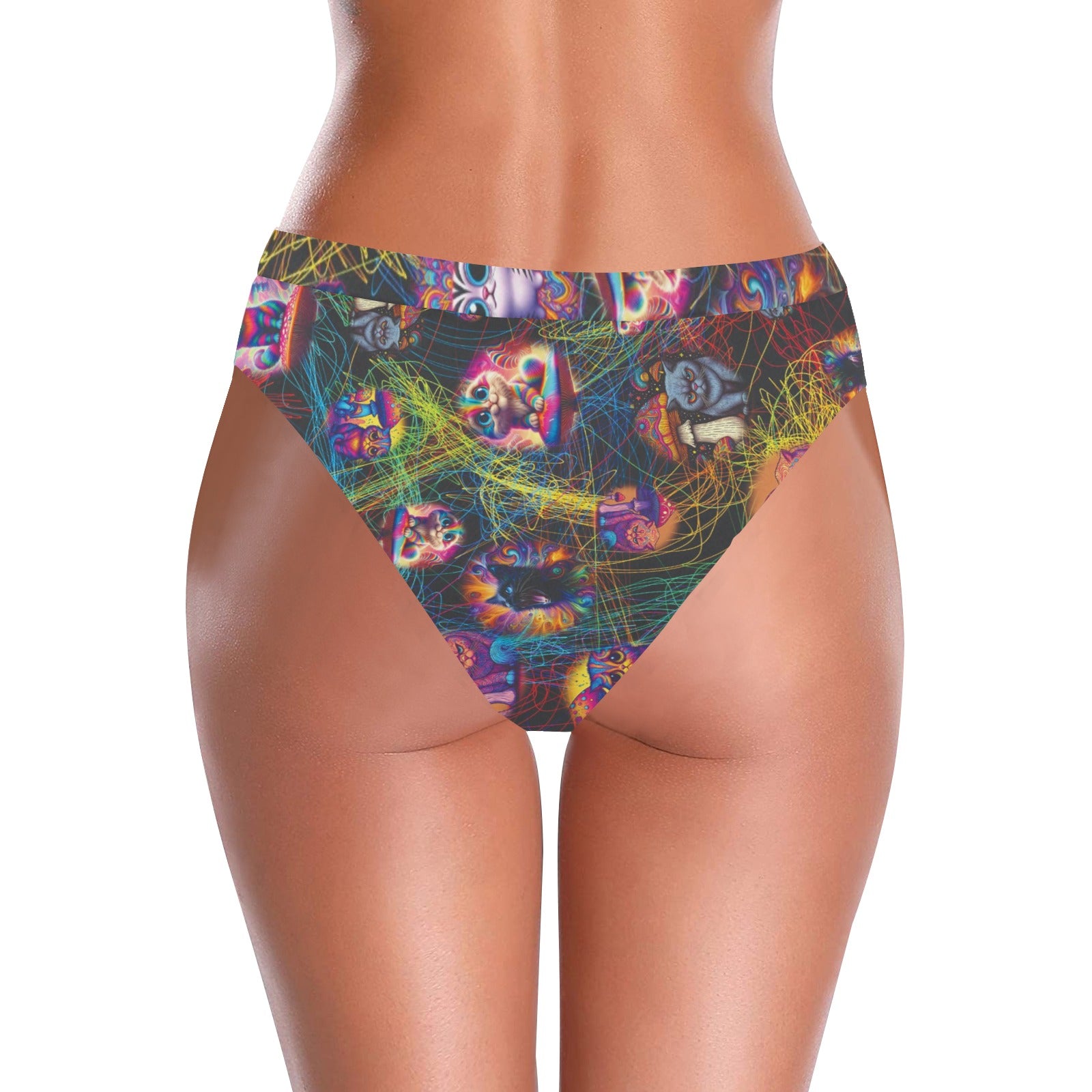 “Psychedelic Cats Study String Theory” High-Waisted High-Cut Bikini Rave Bottom
