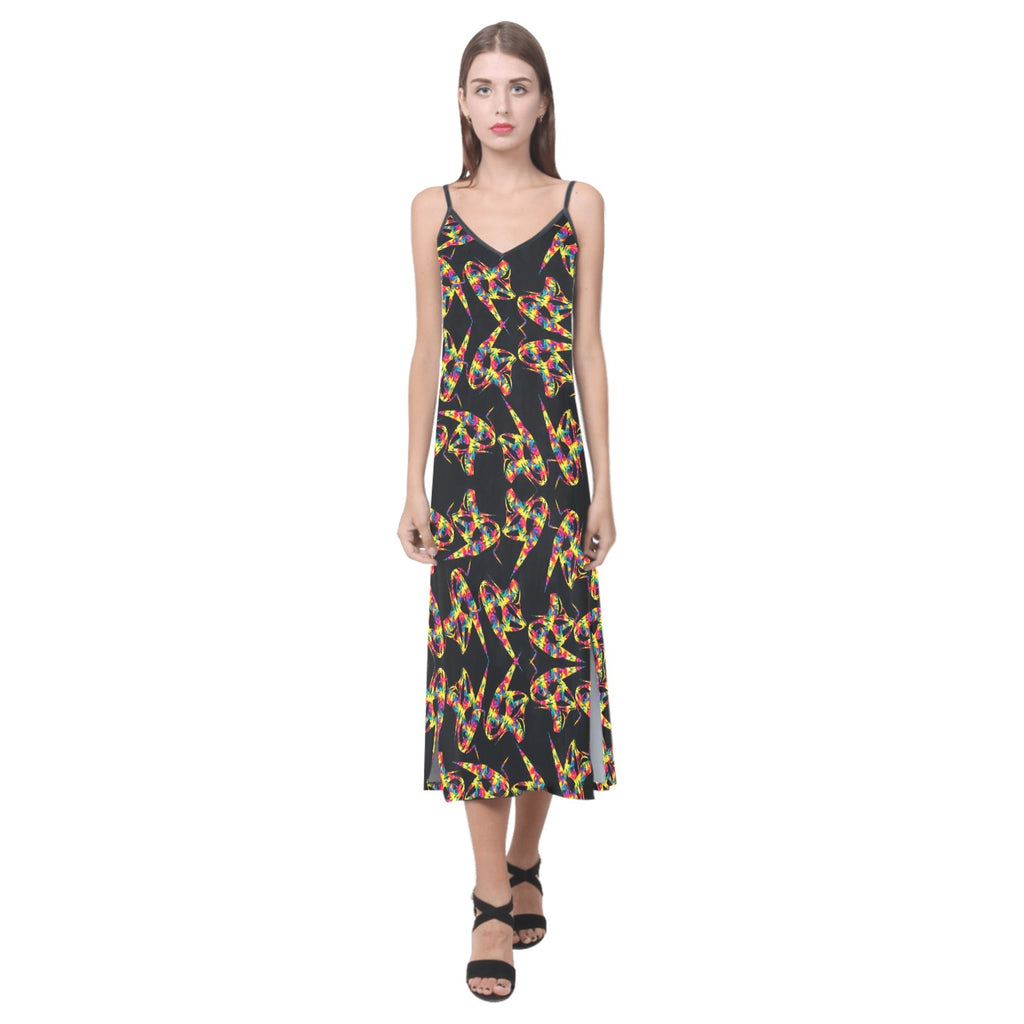 "Abstract Floral Twist on Black"  V-Neck Open Fork Long Dress