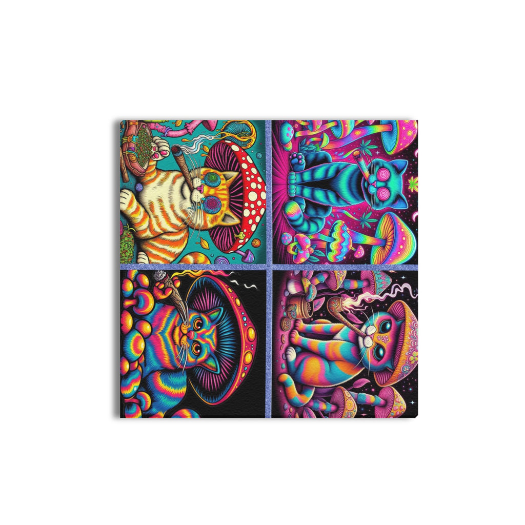 “4 Psychedelic Toking Cats” Frame Canvas Print 16x16 inch