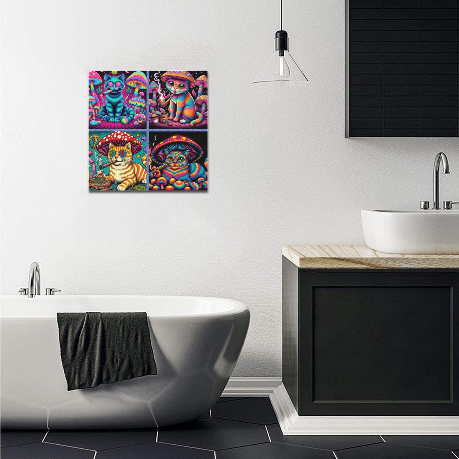 “4 Psychedelic Toking Cats” Frame Canvas Print 16x16 inch