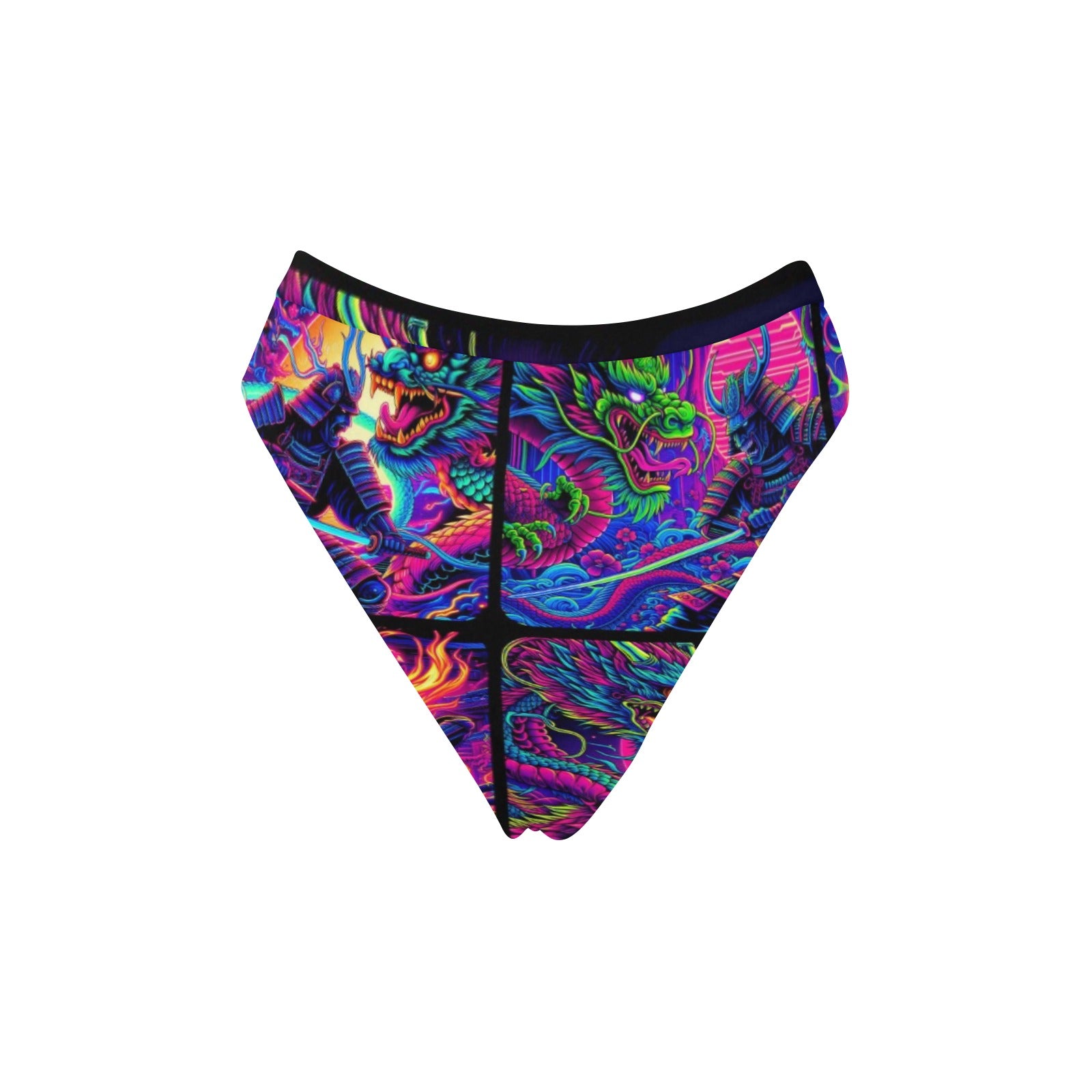 “Psychedelic Samurai Fighting Dragons” High-Waisted High V-Cut Bikini Rave Bottom -  Sizes XS – 5XL