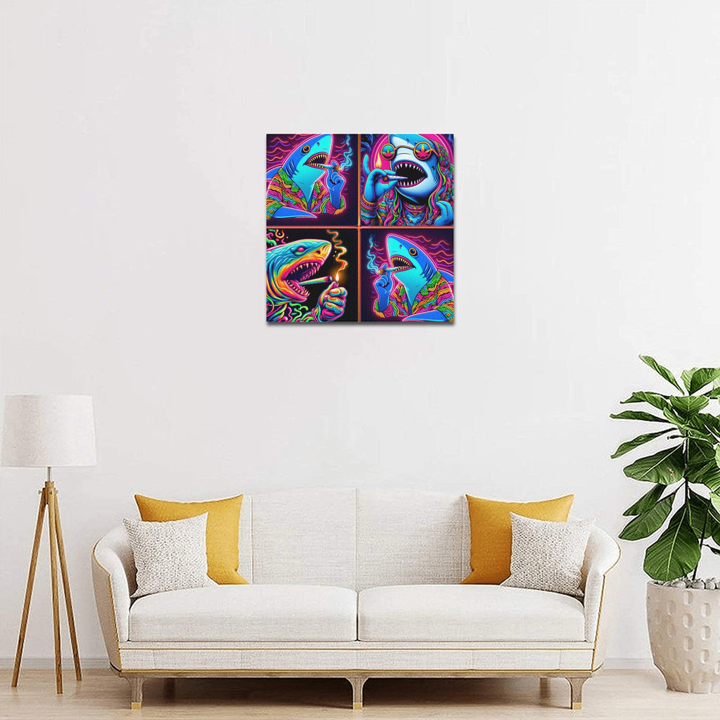 “4 Neon Psychedelic Toking Sharks” Frame Canvas Print 16x16 inch
