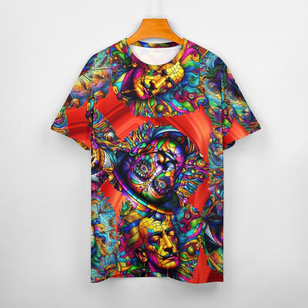 “Stained Glass Psychedelic Salvadore Dali on Red” Men’s 100% Cottom T-Shirt
