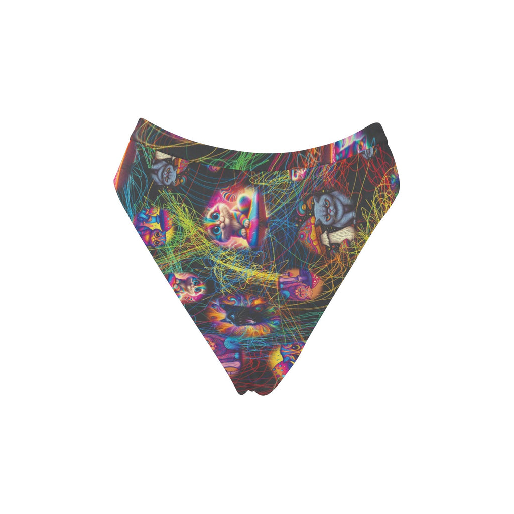 “Psychedelic Cats Study String Theory” High-Waisted High-Cut Bikini Rave Bottom
