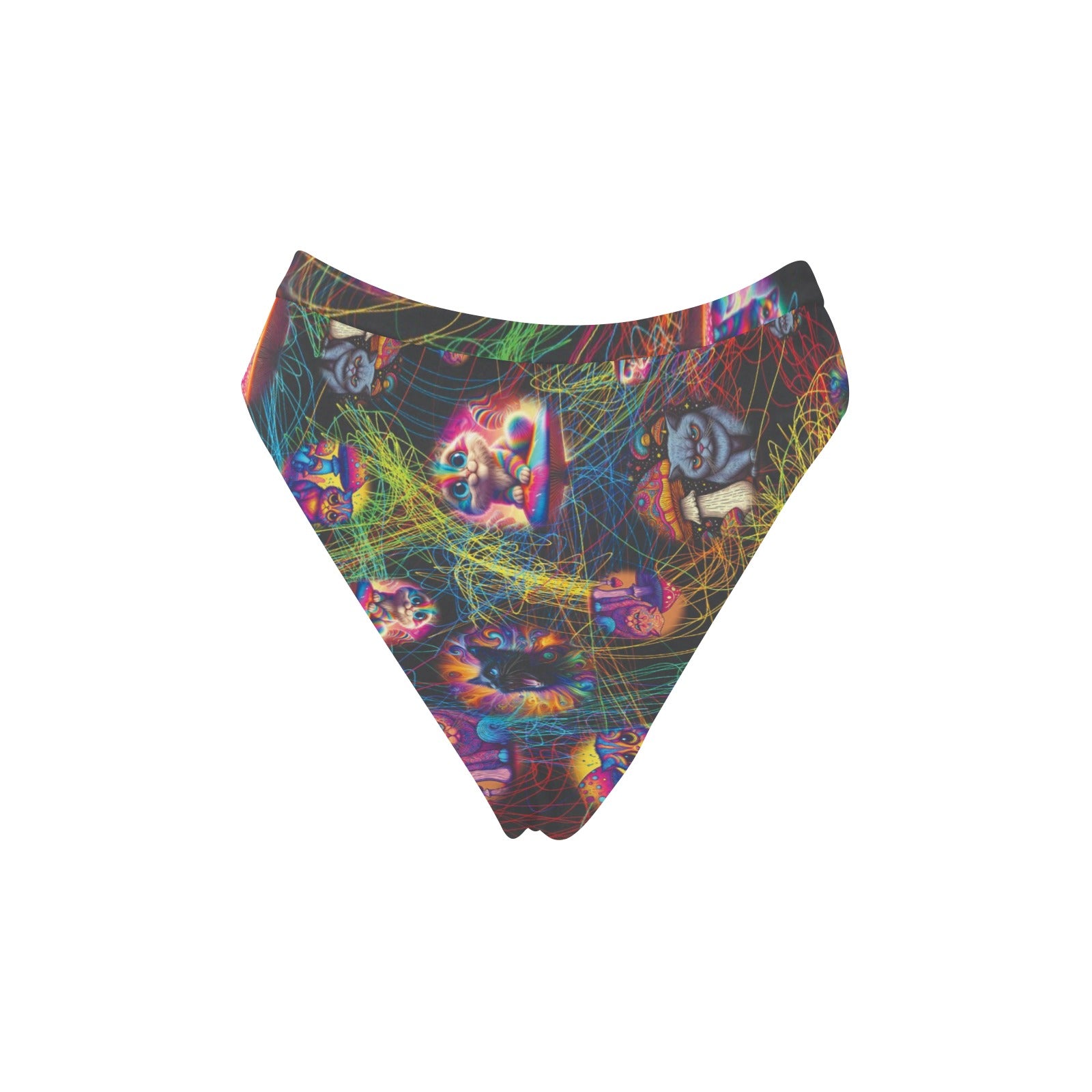 “Psychedelic Cats Study String Theory” High-Waisted High-Cut Bikini Rave Bottom