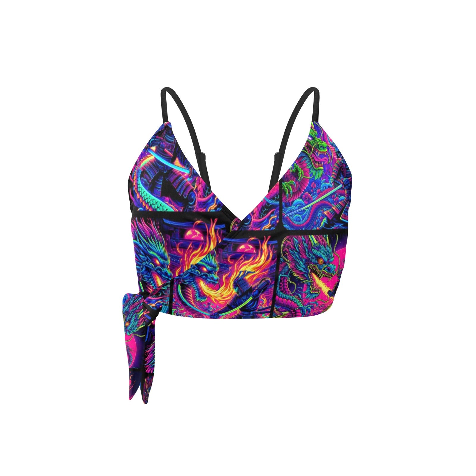 “Psychedelic Samurai Fighting Dragons” Festival Side Knot Bikini Top