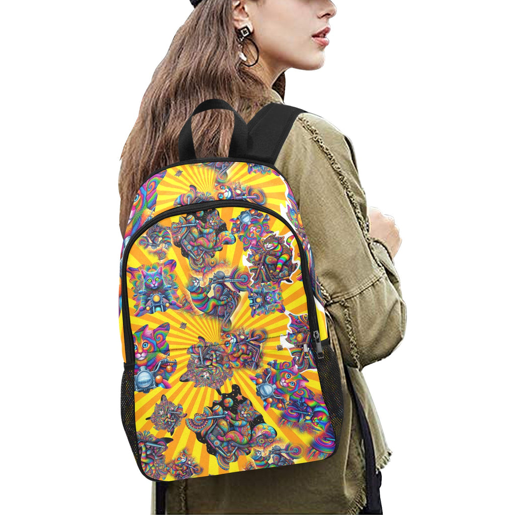 “Psychedelic Cats on Motorcycles” – Sunburst - &nbsp;Fabric Backpack with Side Mesh Pocket - 3 Wild Prints