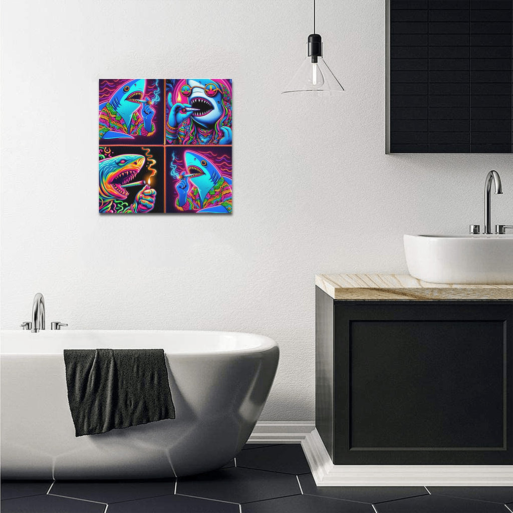 “4 Neon Psychedelic Toking Sharks” Frame Canvas Print 16x16 inch