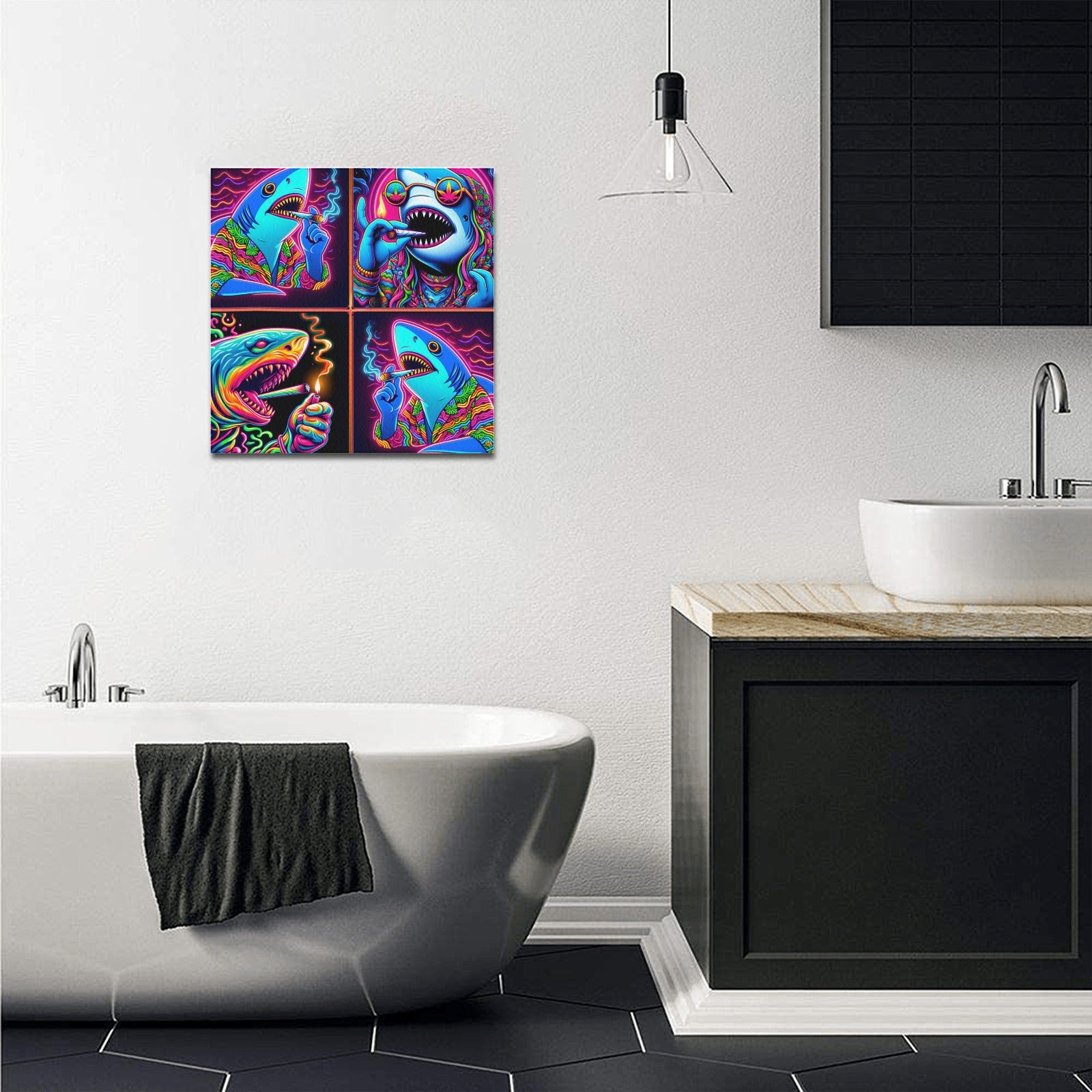 “4 Neon Psychedelic Toking Sharks” Frame Canvas Print 16x16 inch
