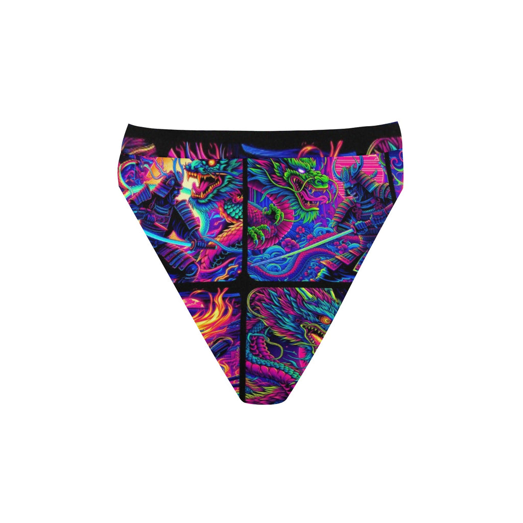 “Psychedelic Samurai Fighting Dragons” High-Waisted High V-Cut Bikini Rave Bottom -  Sizes XS – 5XL