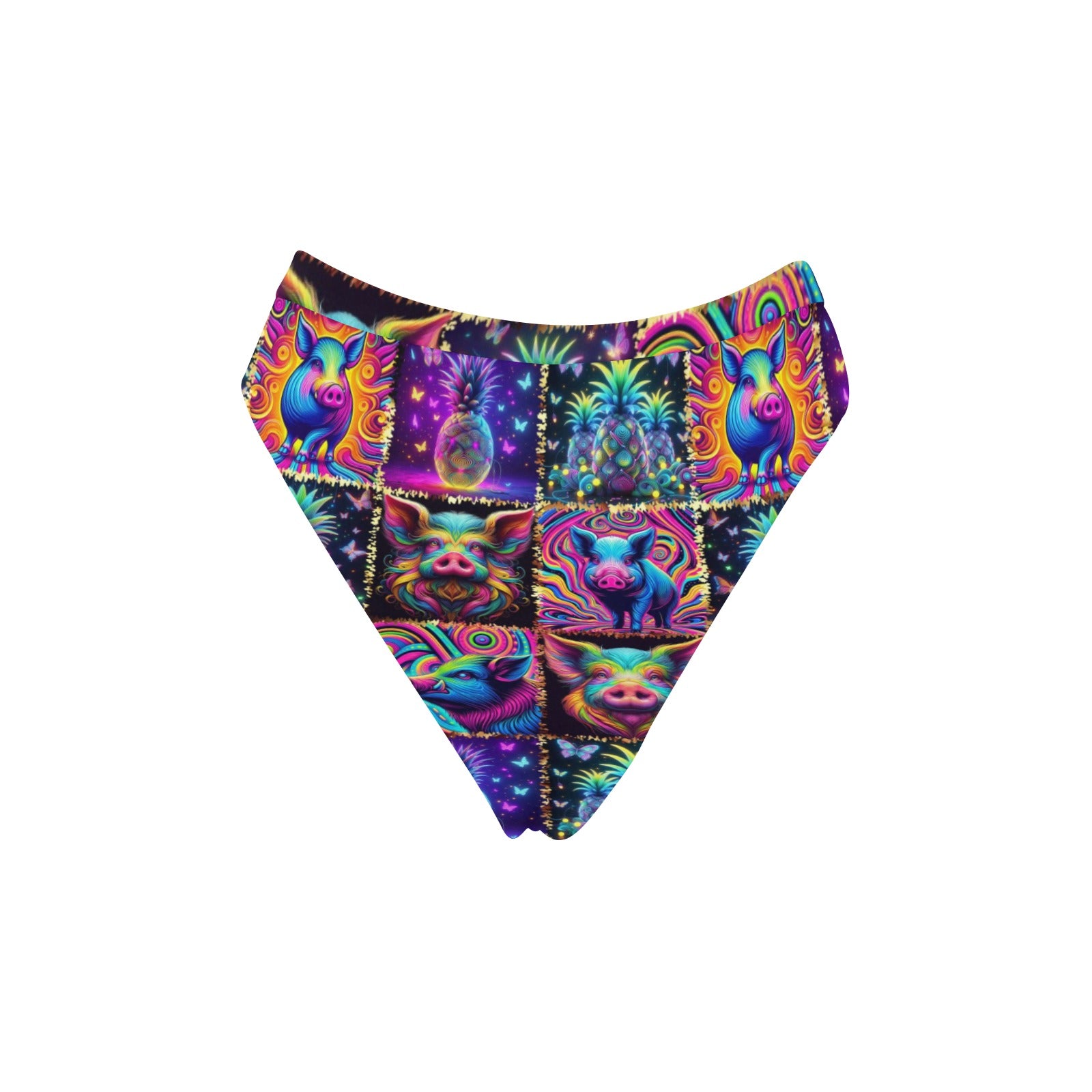 “Psychedelic Pigs and Pineapples” High-Waisted High V-Cut Bikini Rave Bottom -  Sizes XS – 5XL