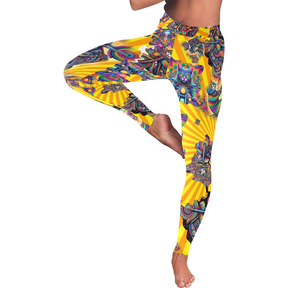 Psychedelic Cats on Motorcycles" Women’s Low Rise Leggings - Sizes 2XS – 5XL
