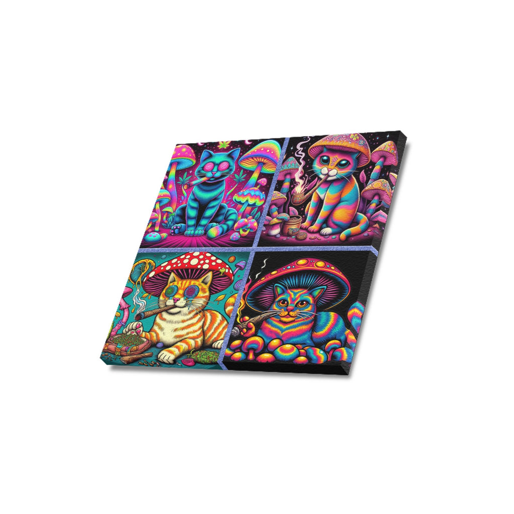 “4 Psychedelic Toking Cats” Frame Canvas Print 16x16 inch