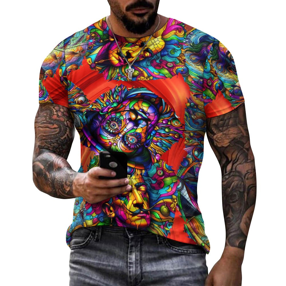 “Stained Glass Psychedelic Salvadore Dali on Red” Men’s 100% Cottom T-Shirt