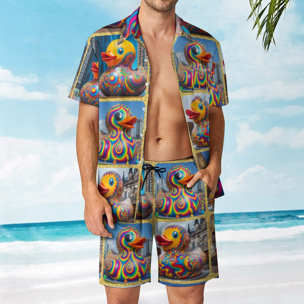 “Psychedelic Rubber Ducky” Men’s Rave Outfit – Lounge Shirt and Beach Shorts