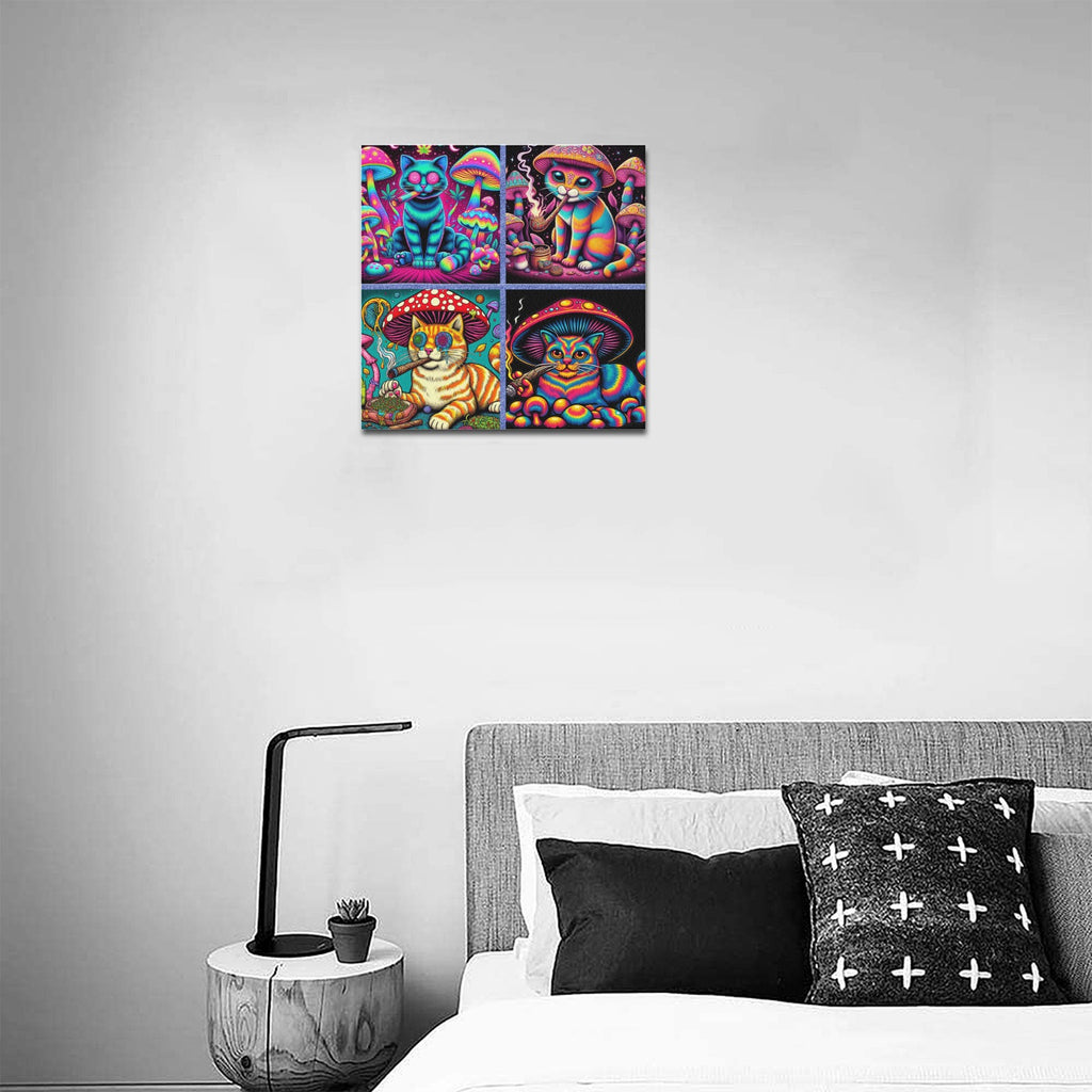 “4 Psychedelic Toking Cats” Frame Canvas Print 16x16 inch