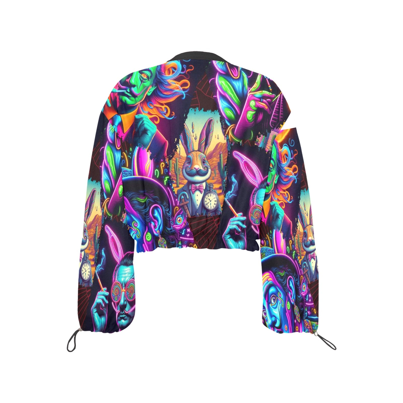 “Psychedelic Toking Salvadore Dali Rabbit Man” Women's Chiffon Long Sleeve Crop Top Jacket