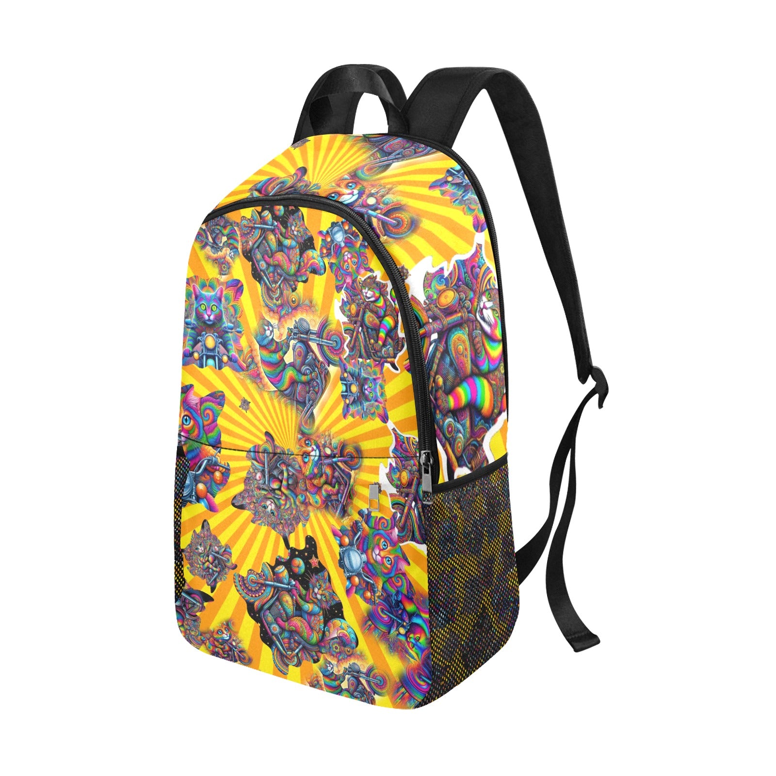 “Psychedelic Cats on Motorcycles” – Sunburst - &nbsp;Fabric Backpack with Side Mesh Pocket - 3 Wild Prints