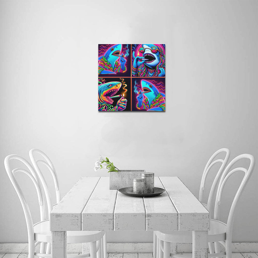 “4 Neon Psychedelic Toking Sharks” Frame Canvas Print 16x16 inch