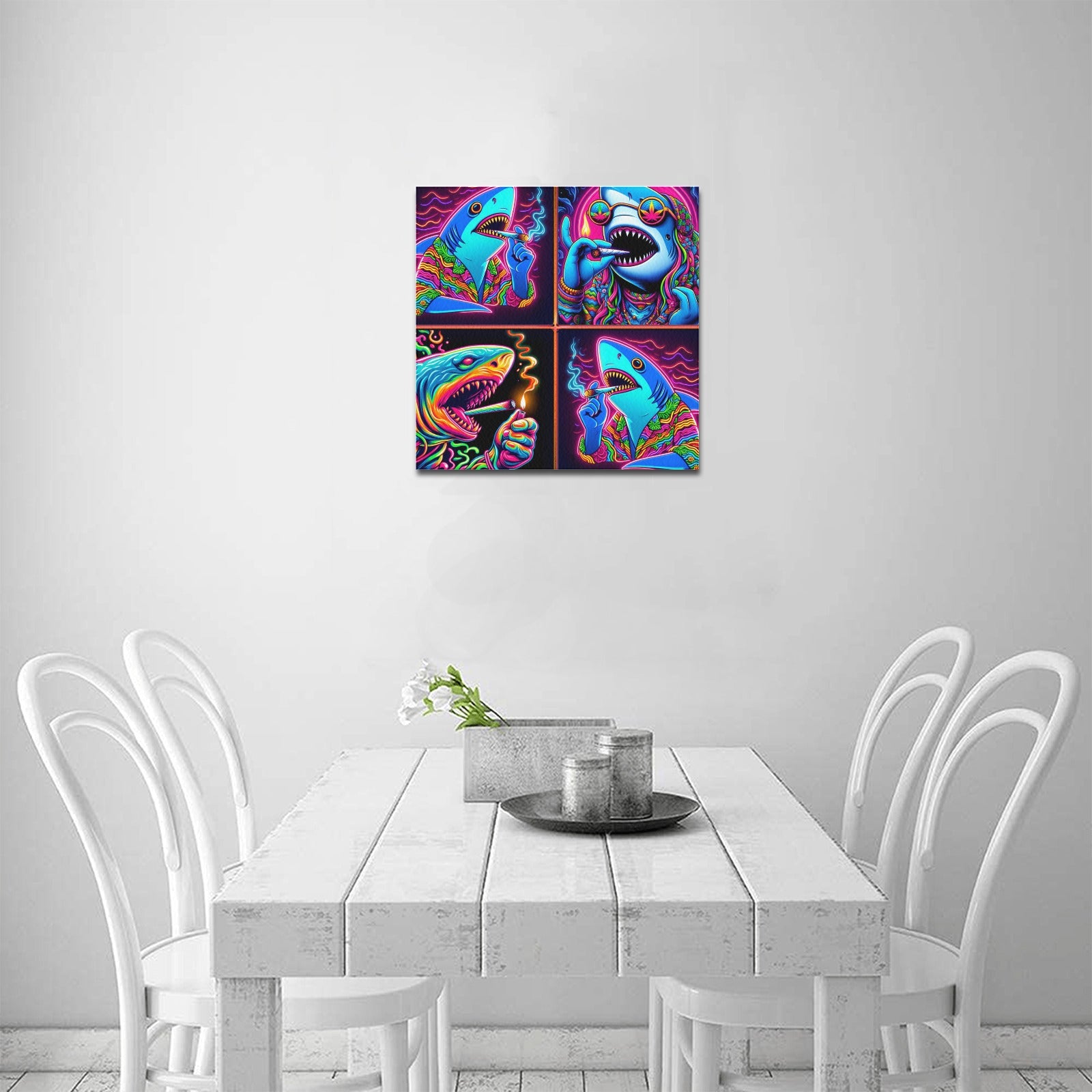 “4 Neon Psychedelic Toking Sharks” Frame Canvas Print 16x16 inch