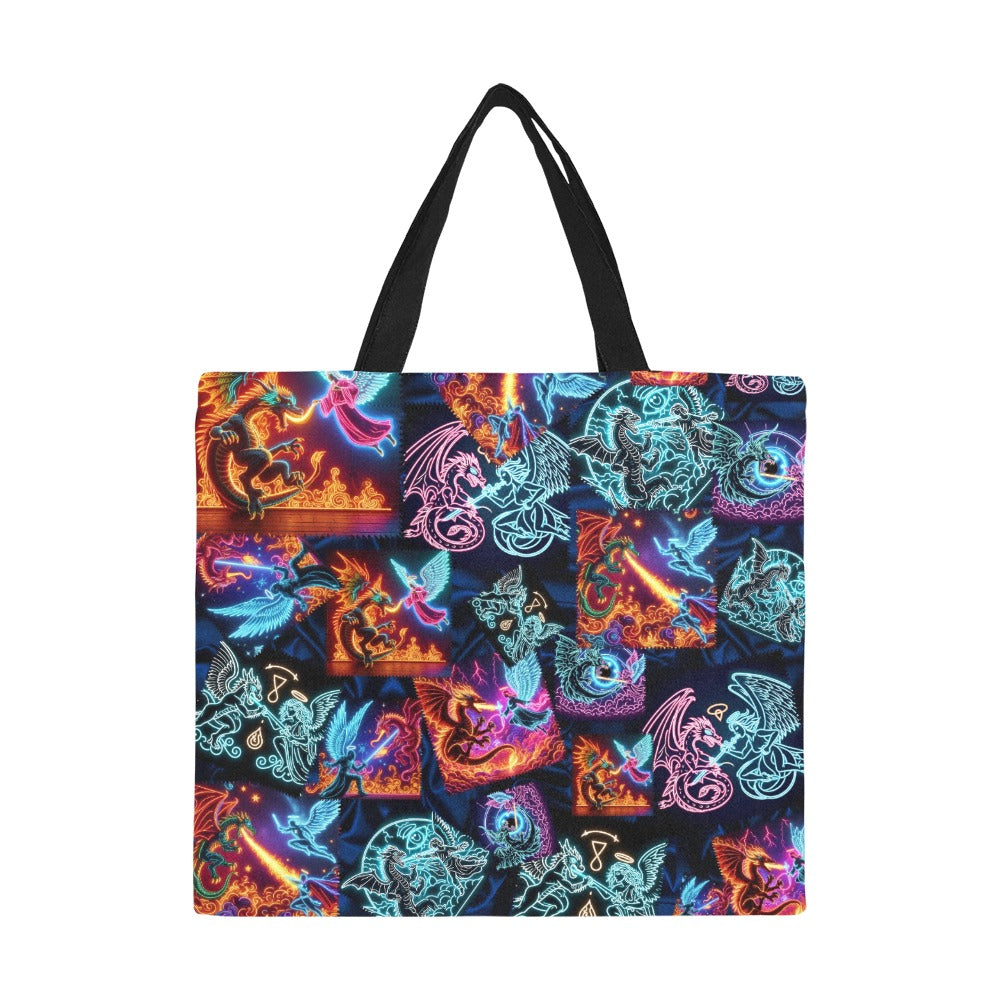 Psychedelic Warrior Angels Fighting Dragons Large Canvas Tote Bag