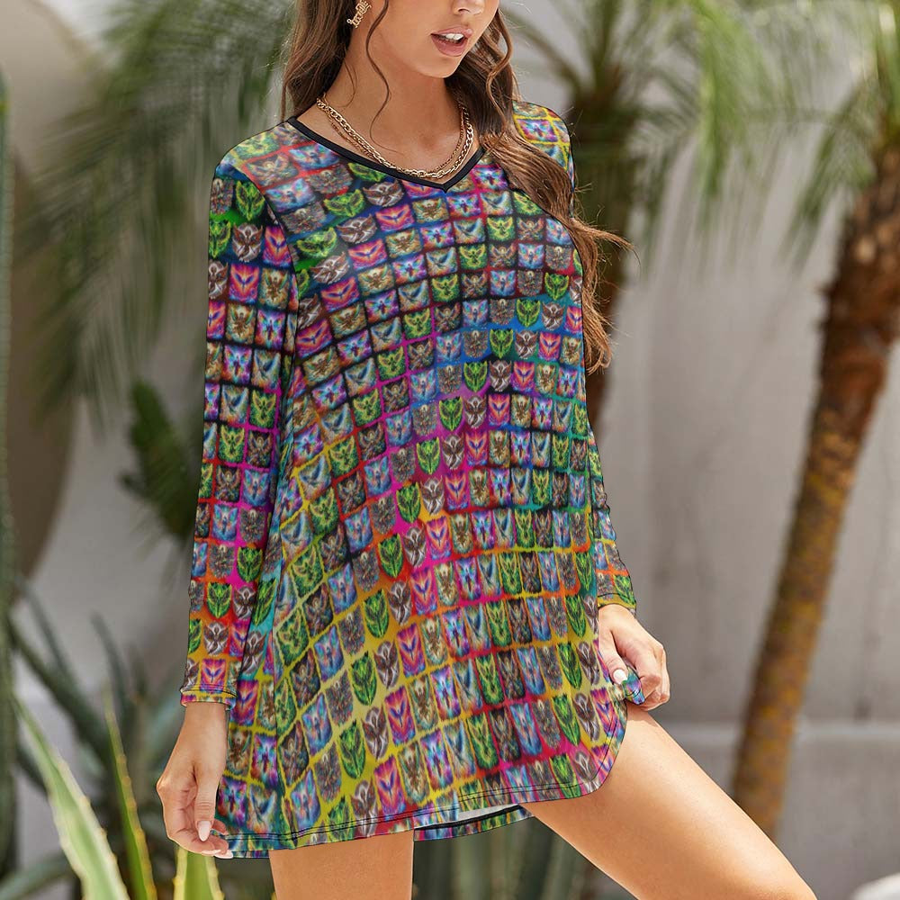 "Psychedelic Angels Above" Long Sleeve Flowing Dress