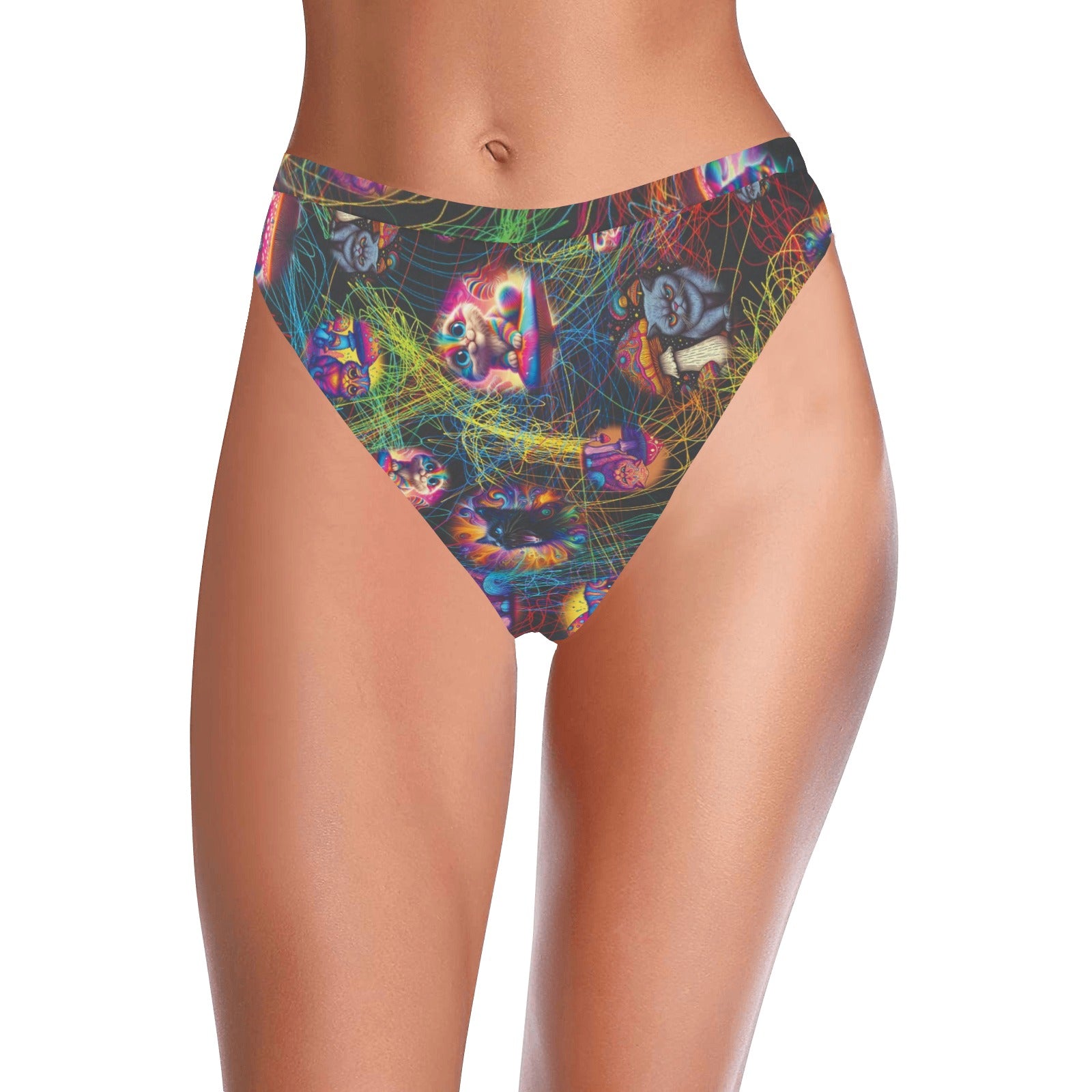 “Psychedelic Cats Study String Theory” High-Waisted High-Cut Bikini Rave Bottom