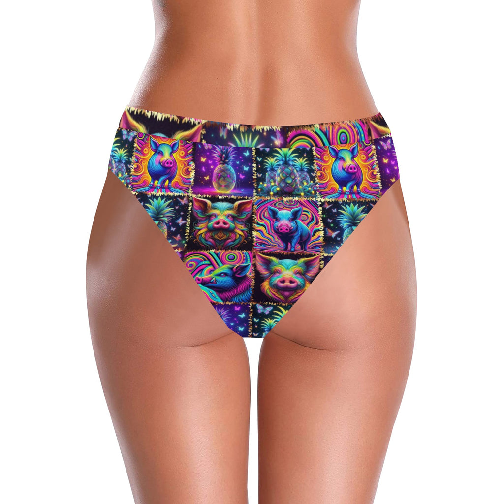 “Psychedelic Pigs and Pineapples” High-Waisted High V-Cut Bikini Rave Bottom -  Sizes XS – 5XL